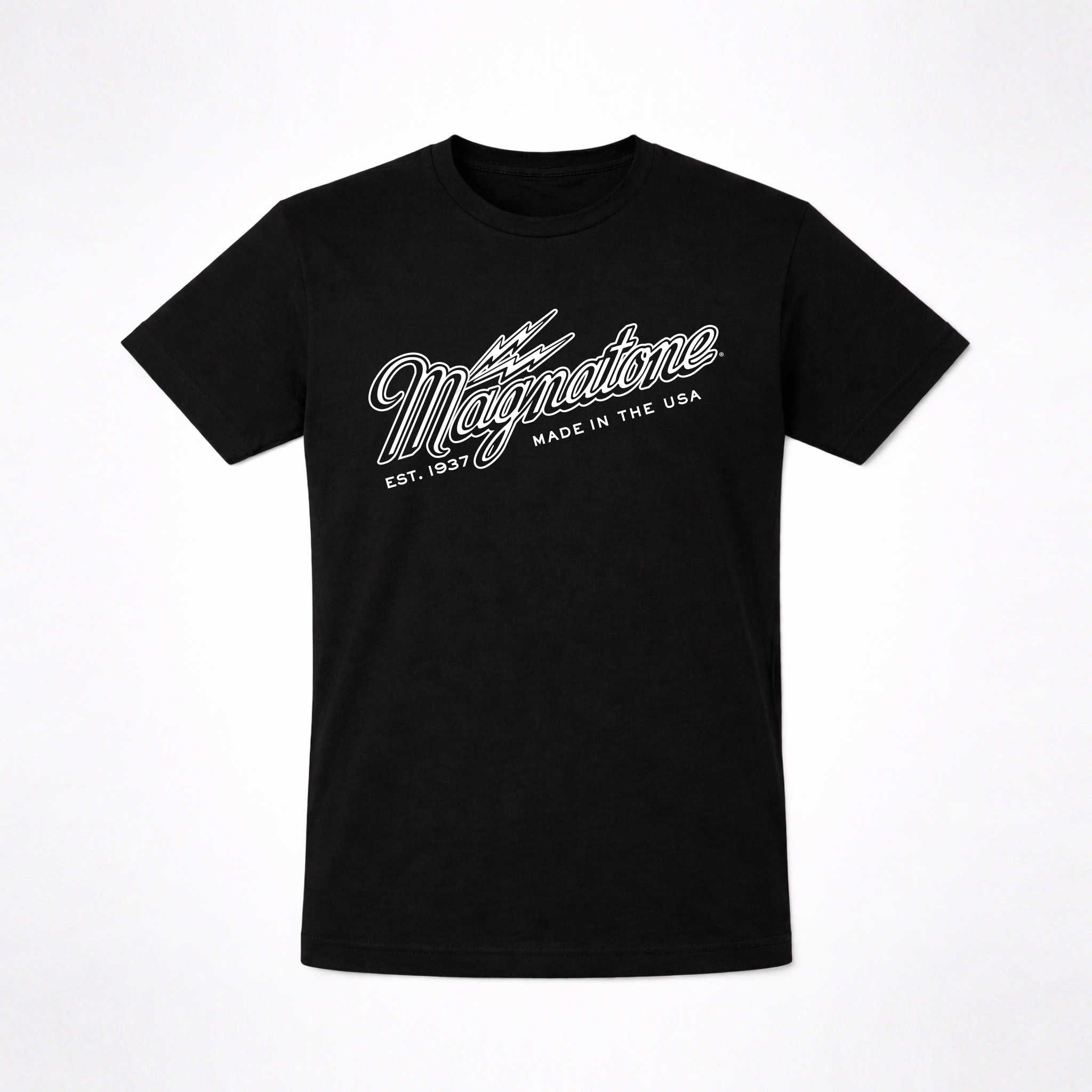 Black t-shirt with white text that says "Magnatone" on a white background