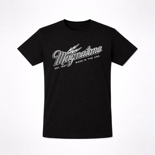 Black t-shirt with white text that says "Magnatone" on a white background