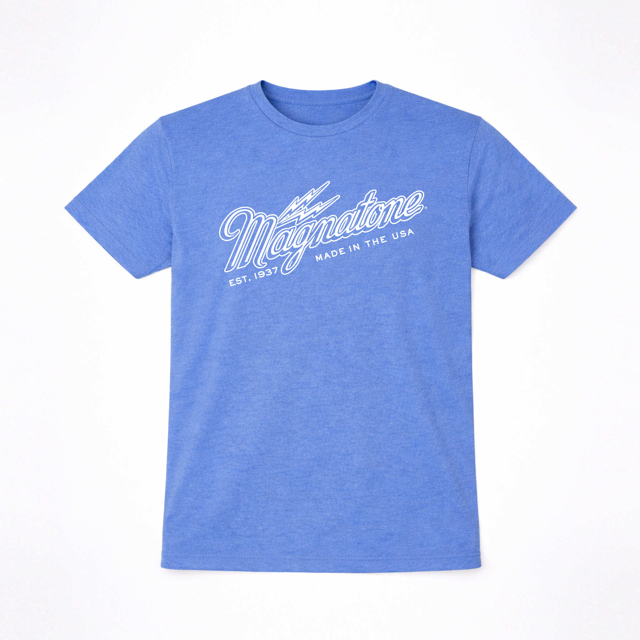 Blue t-shirt with white text that says "Magnatone" on a white background