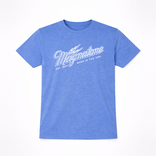 Blue t-shirt with white text that says "Magnatone" on a white background