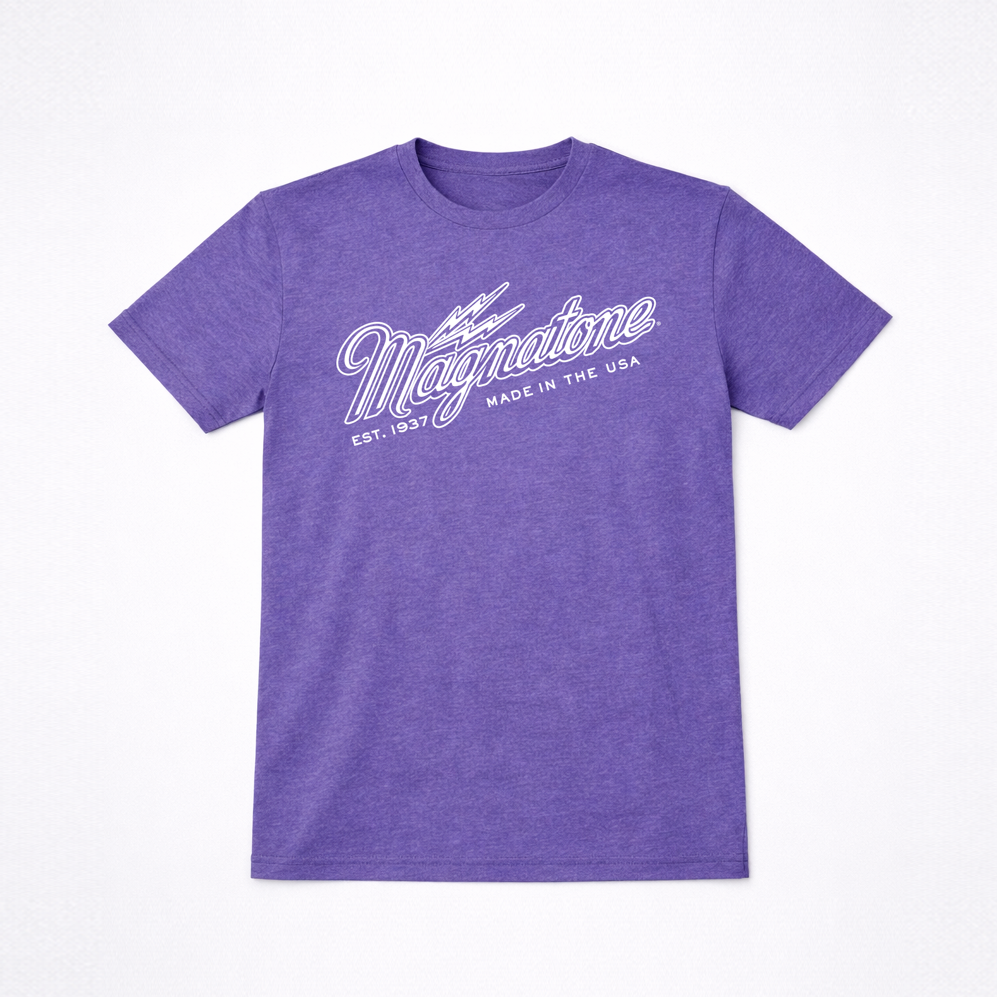 Purple t-shirt with 'Magnatone' logo on a white background