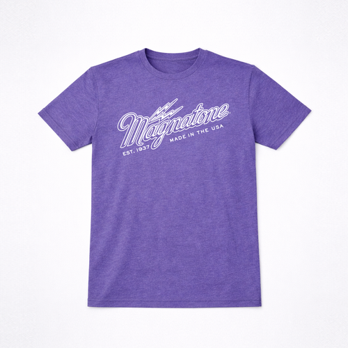 Purple t-shirt with 'Magnatone' logo on a white background