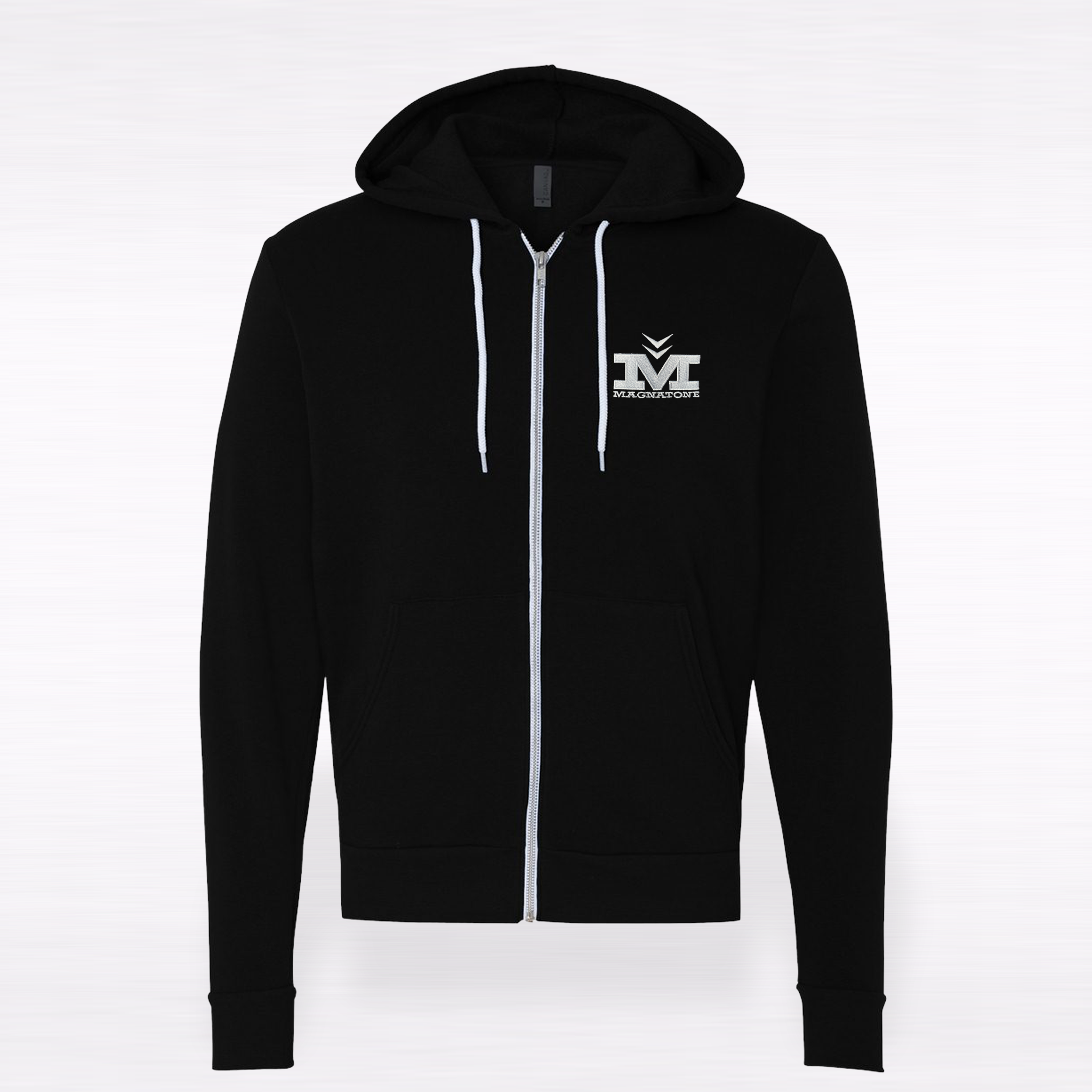 Black hoodie with a logo on the chest against a white background