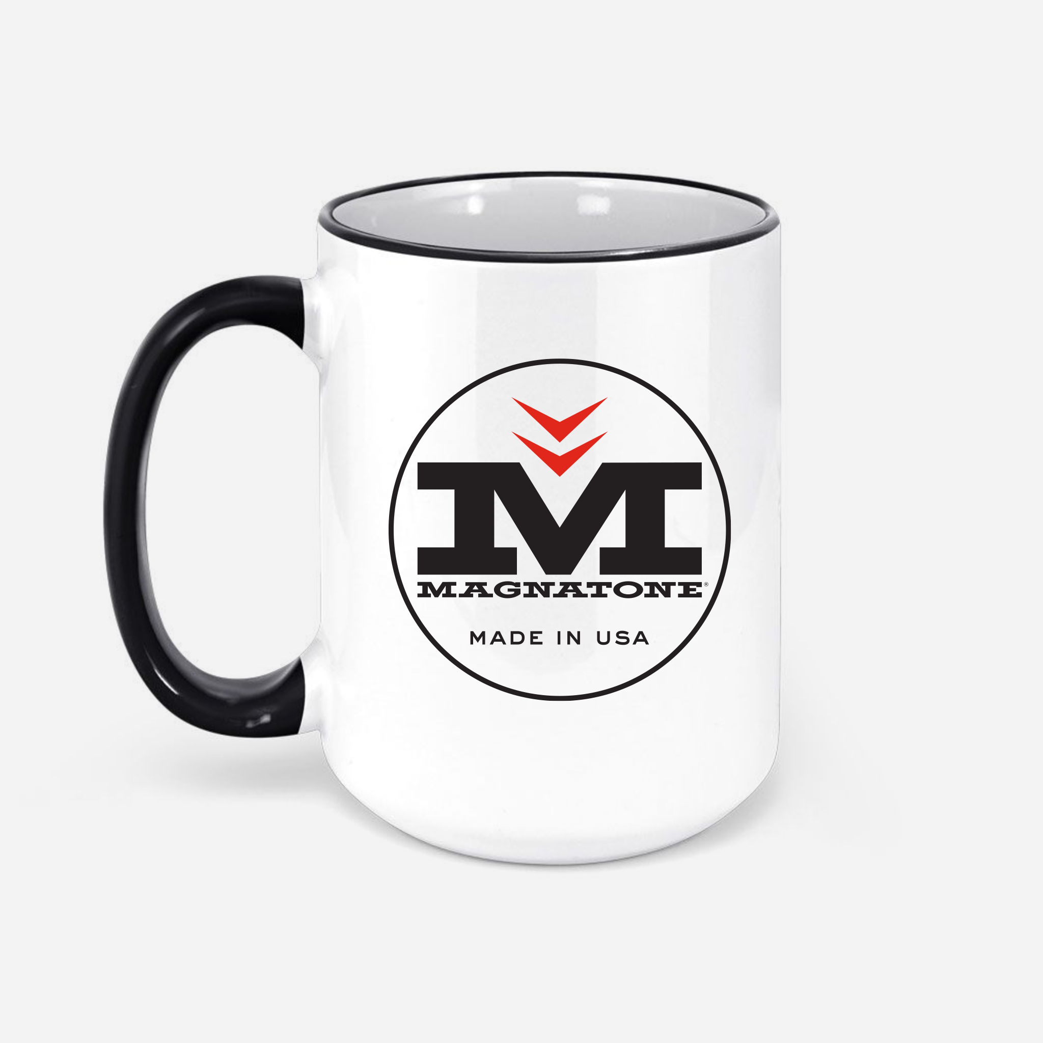 White mug with black handle featuring Magnatone logo on a white background