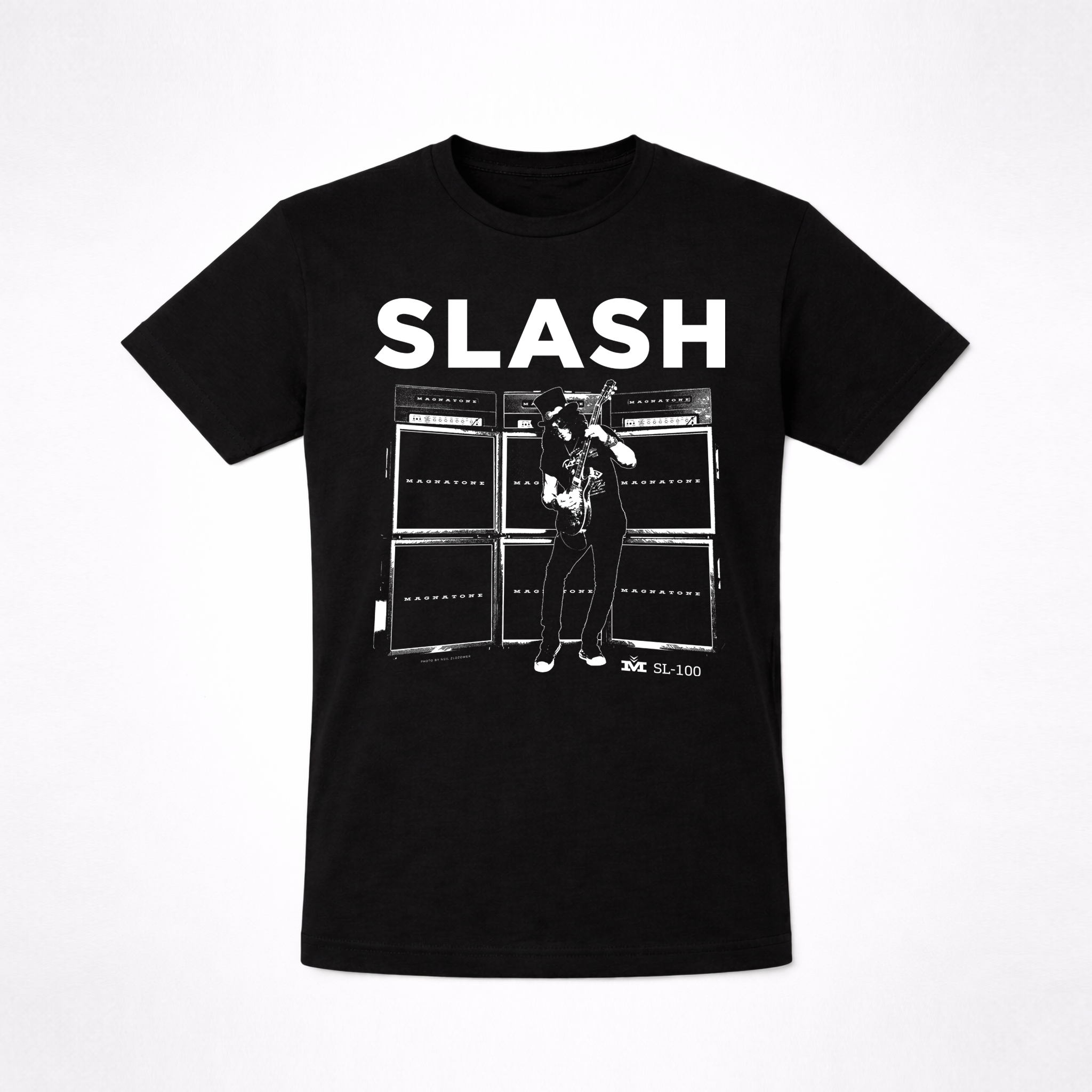 Black t-shirt with 'SLASH' graphic design on a white background